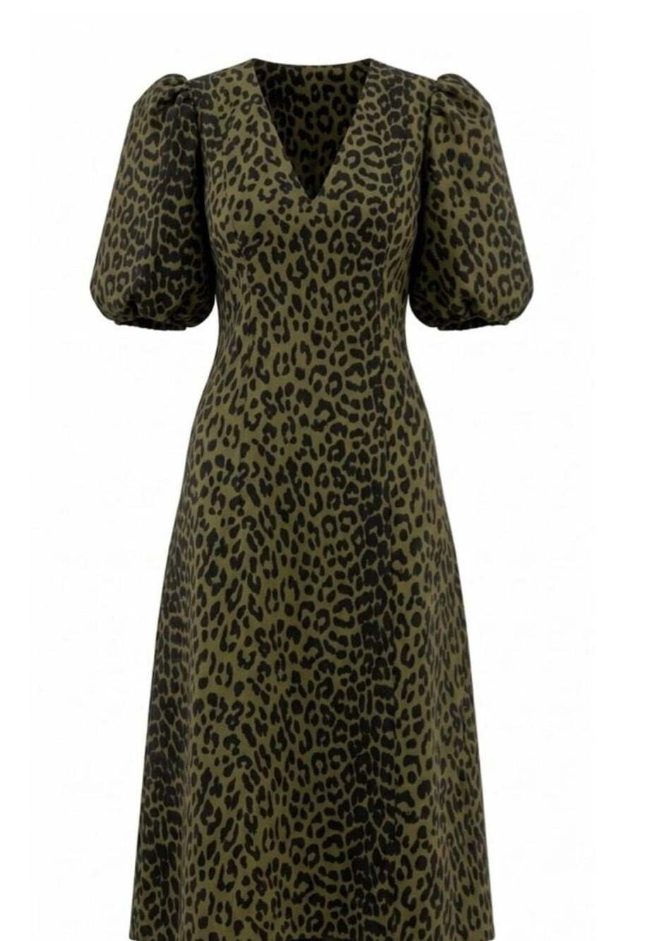 GANNI Green Leopard Jacquard Puff Sleeve Midi Dress